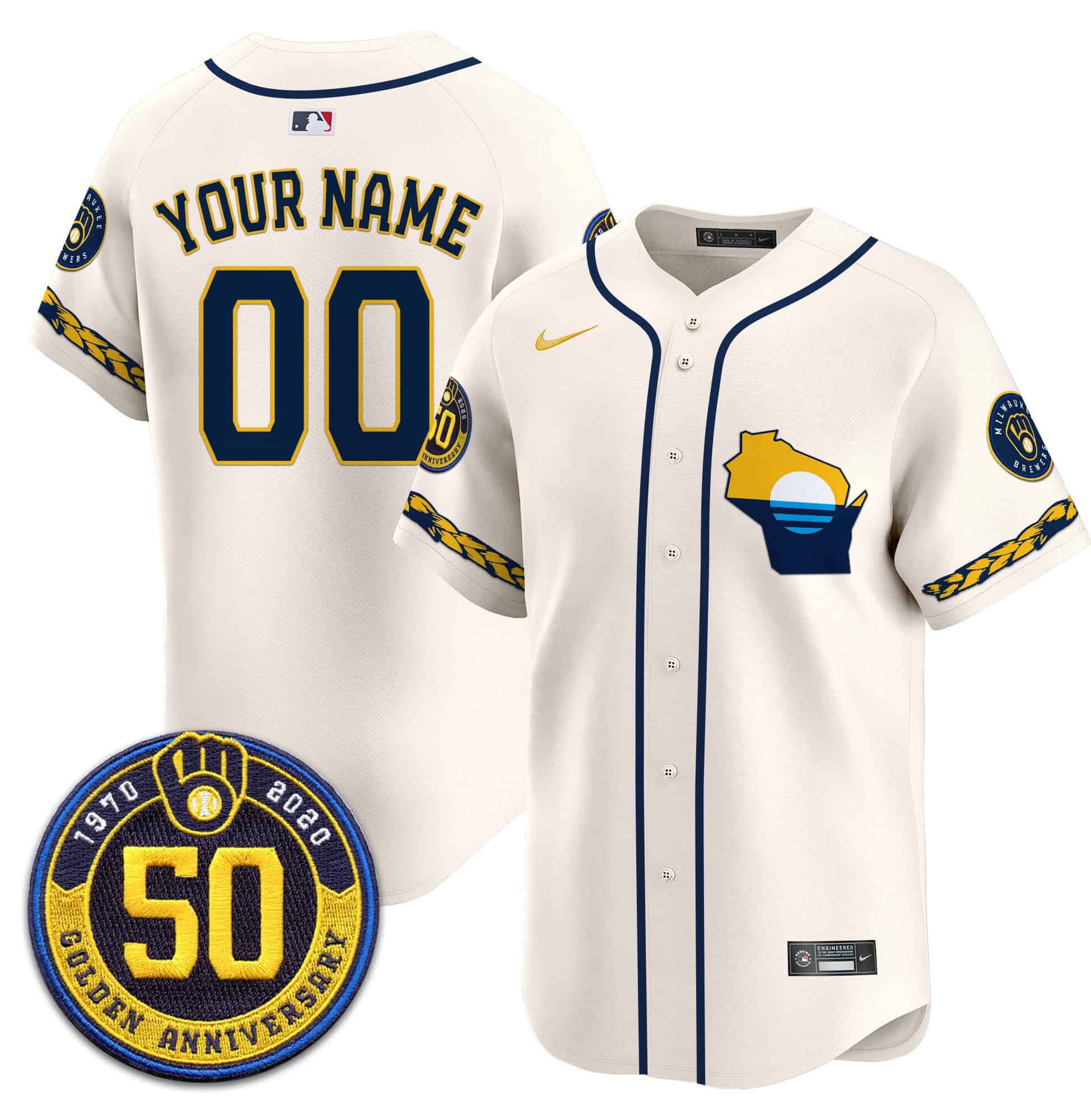 Milwaukee Brewers Golden 50th Anniversary Patch Vapor Premier Limited Custom Jersey – All Stitched