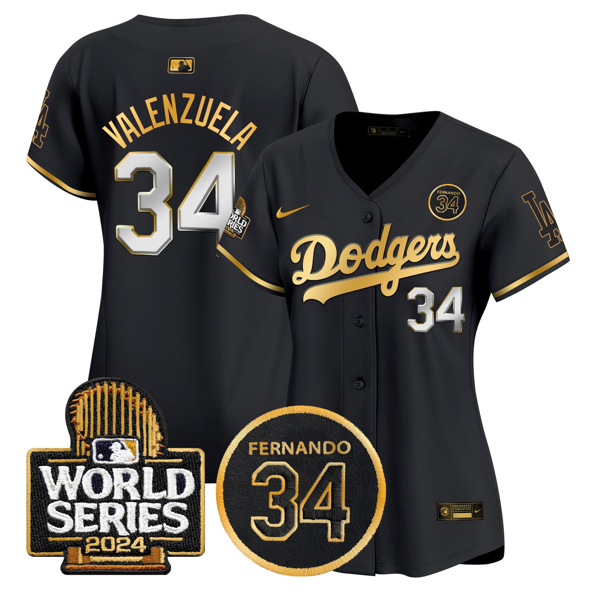 Women’s Dodgers Fernando Valenzuela Memorial & 2024 World Series Patch Vapor Premier Limited Jersey – All Stitched