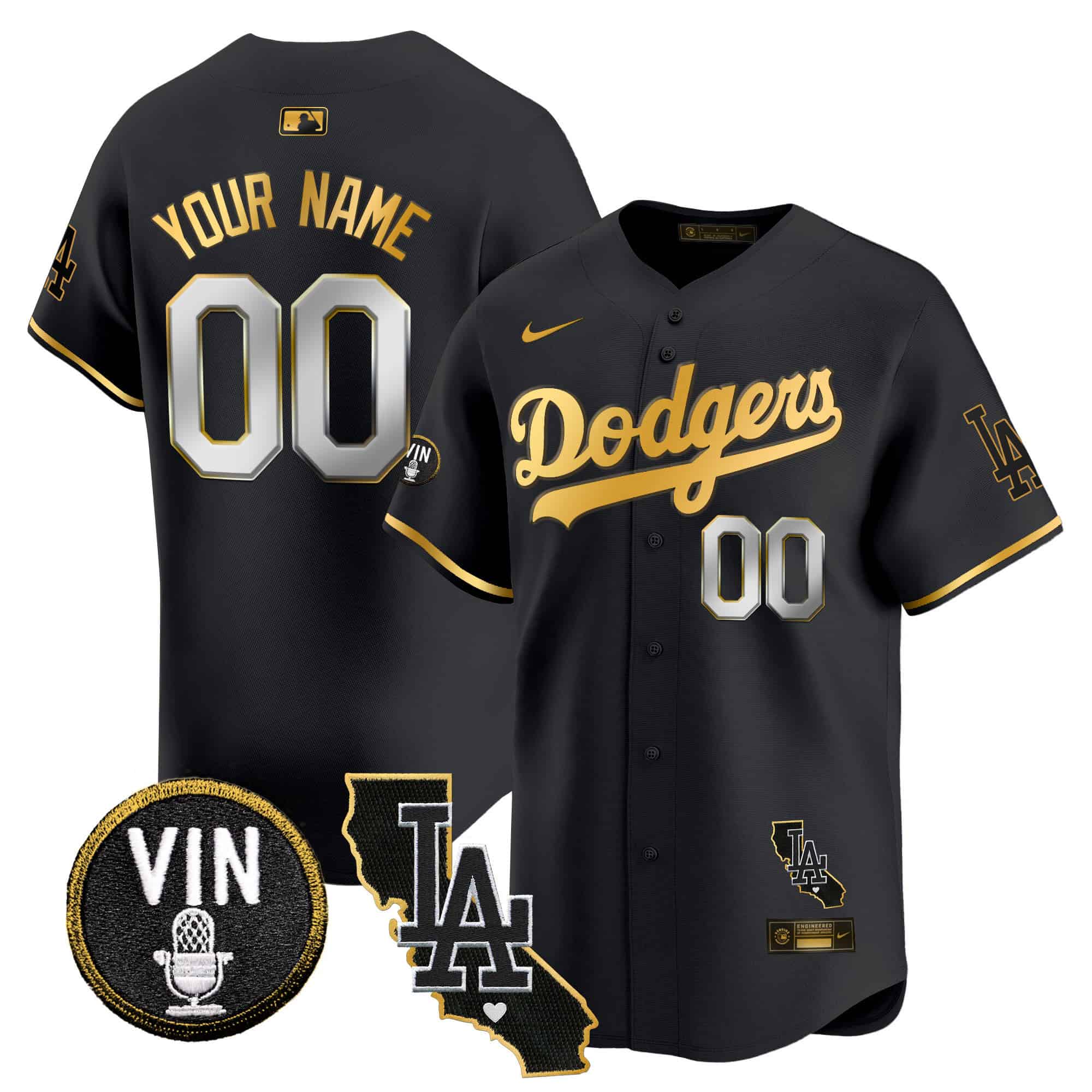 Dodgers Vin & California Patch Gold Trim Vapor Premier Limited Custom Jersey – All Stitched