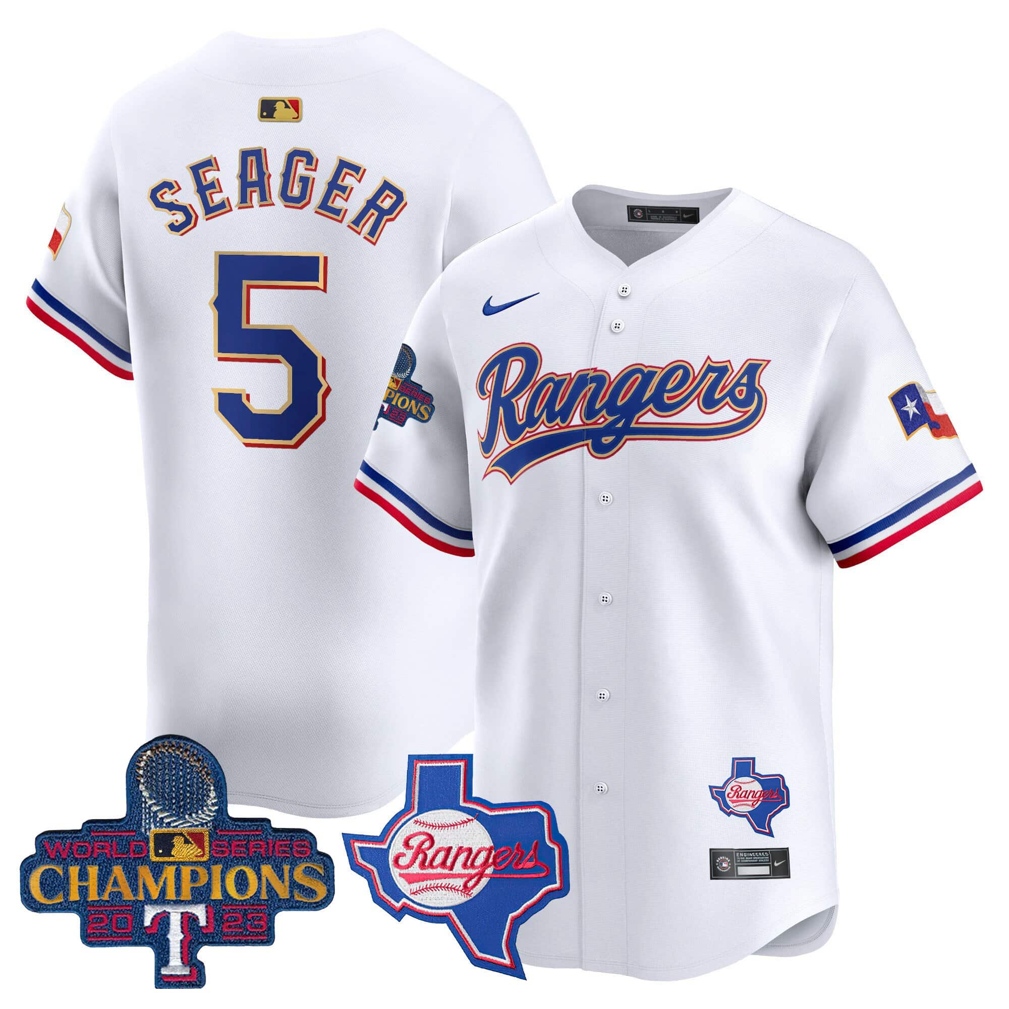 Men’s Texas Rangers 2023 World Series Gold Trim Vapor Premier Limited Jersey V2 – All Stitched