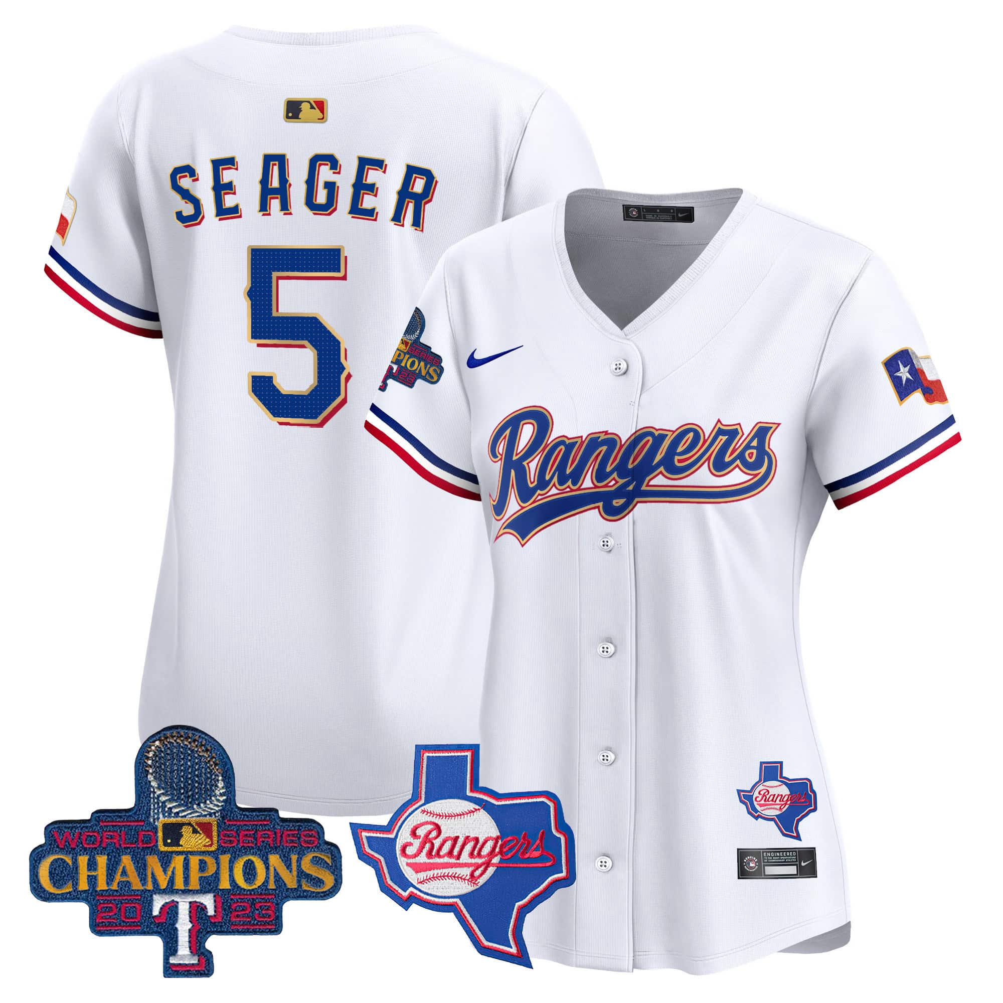 Women’s Texas Rangers 2023 World Series Gold Trim Vapor Premier Limited Jersey V2 – All Stitched