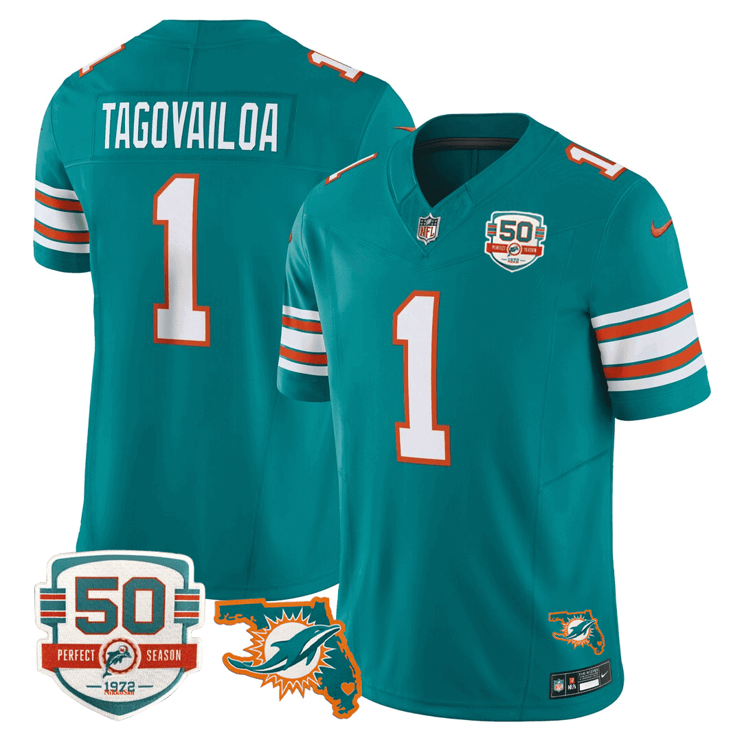 Men’s Miami DolphinsThrowback 50th Perfect Season & Florida Patch Vapor Jersey