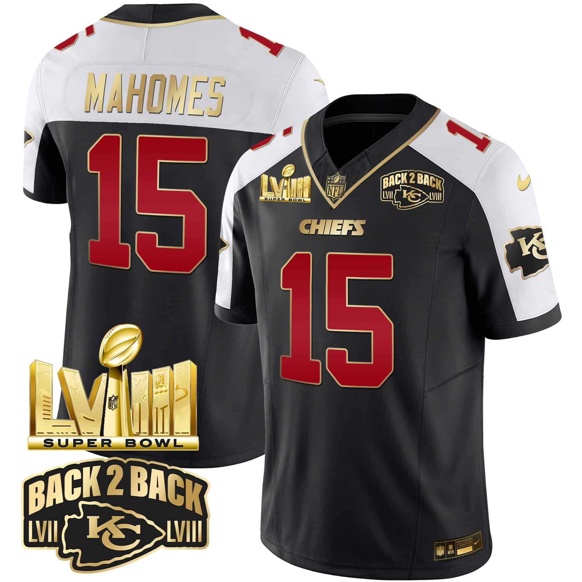 Men’s Chiefs Super Bowl LVIII & Back 2 Back Gold Patch Vapor Jersey – All Stitched