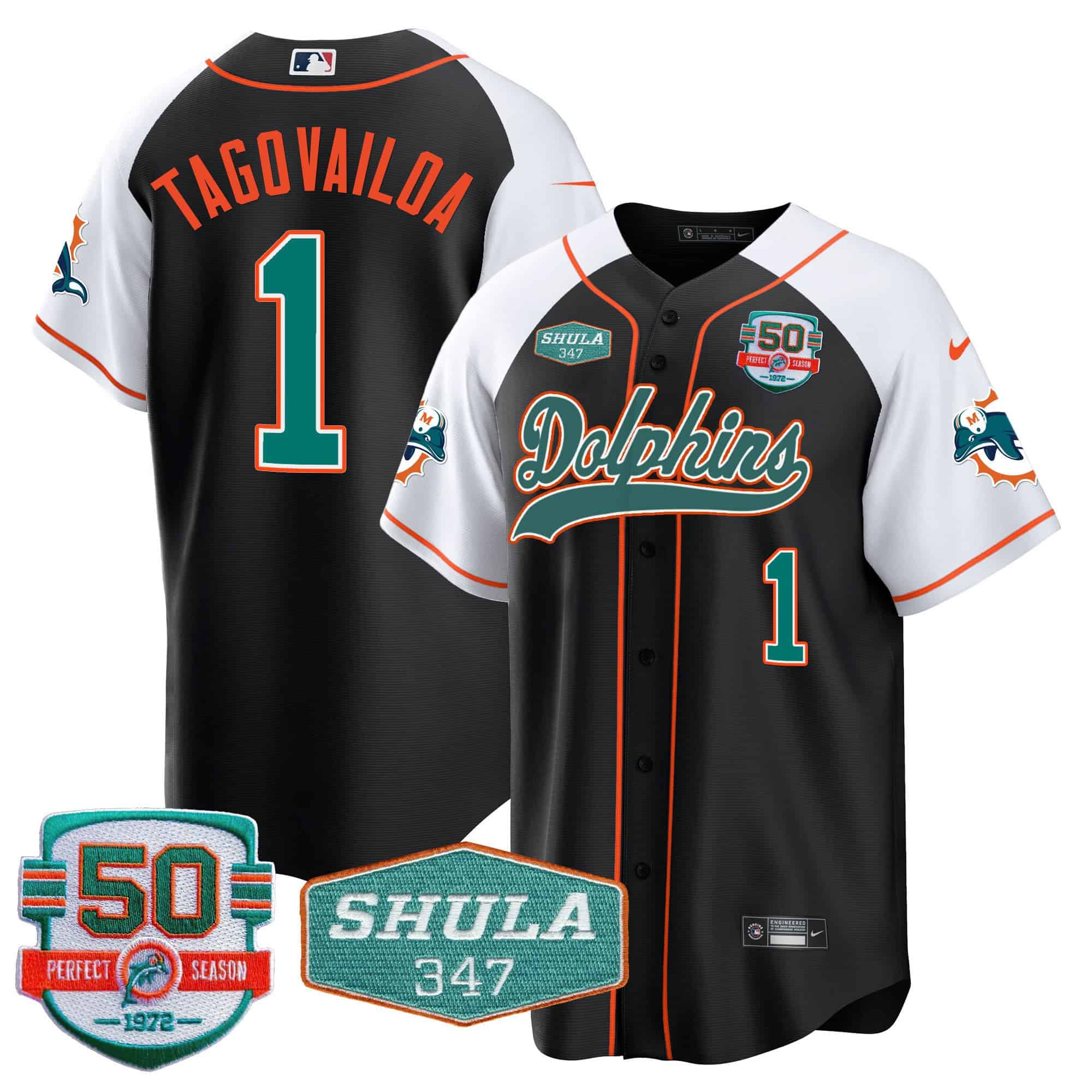 Men’s Dolphins 50th & Don Shula 347 Memorial Patch Baseball Jersey – All Stitched