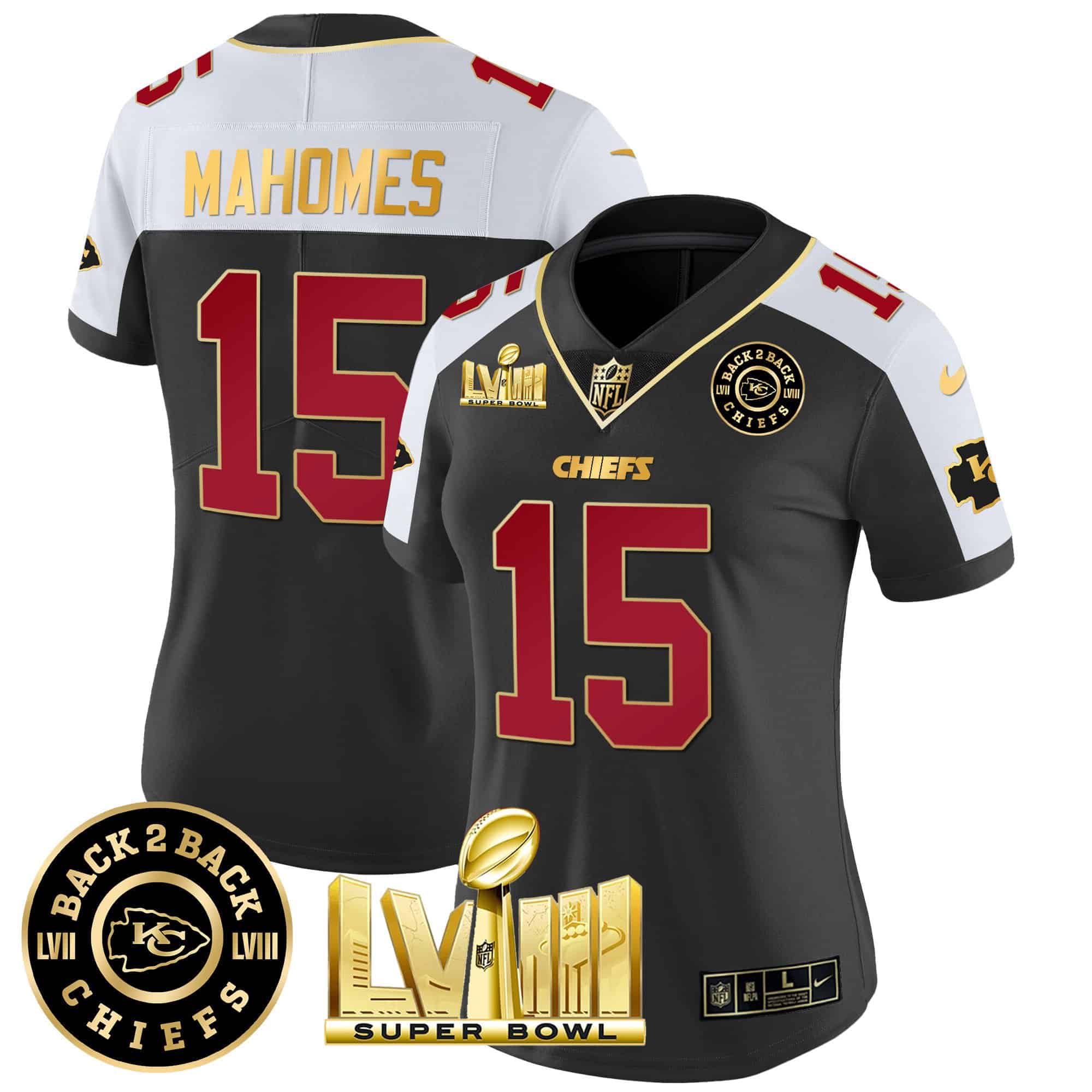Women’s Chiefs Super Bowl LVIII & Back 2 Back Patch Vapor Jersey V3 – All Stitched