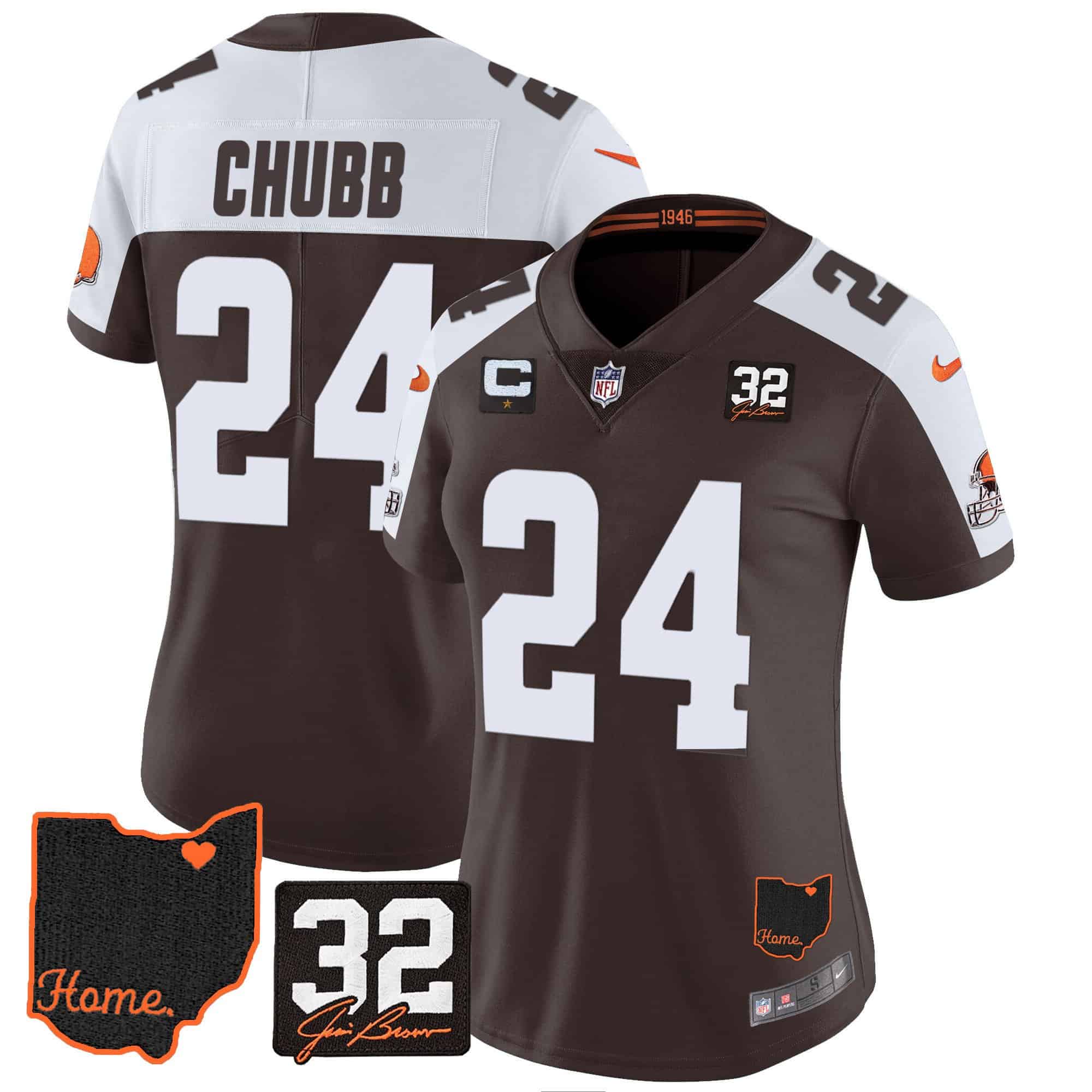 Women’s Browns #32 Jim Brown Memorial & Home Patch Jersey V3 – All Stitched