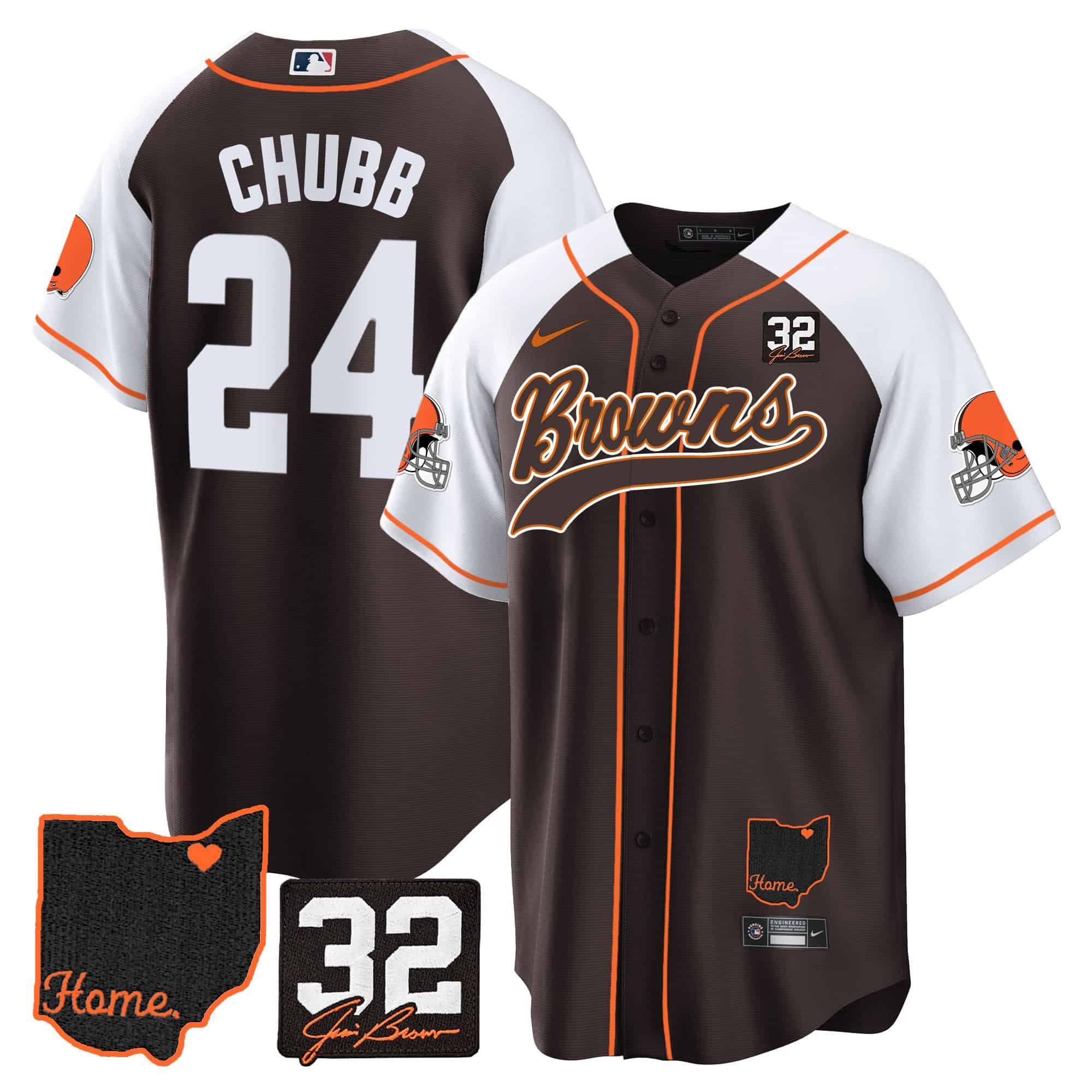 Men’s Browns #32 Jim Brown Memorial & Home Patch Baseball Jersey V2 – All Stitched