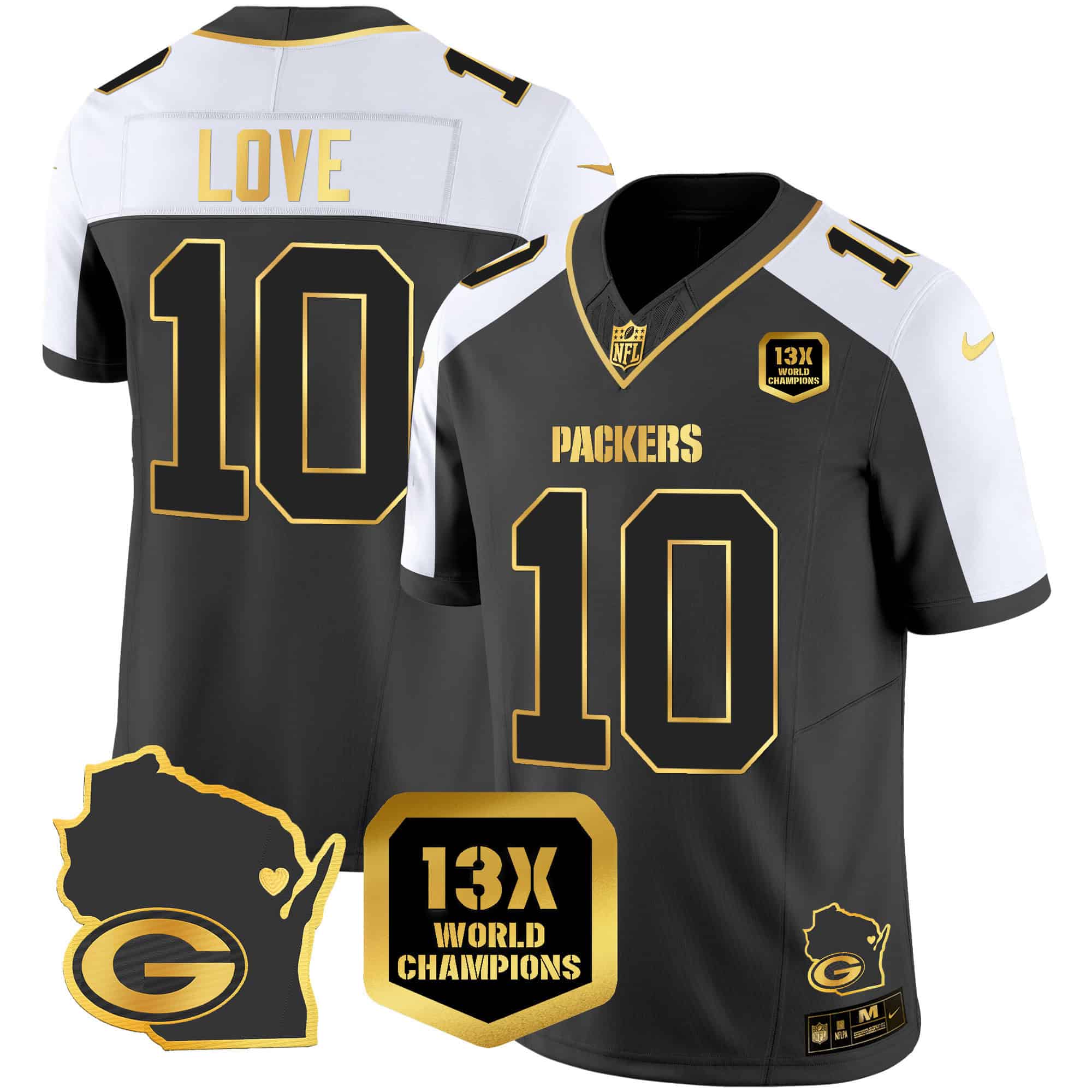 Men’s Packers 13 Time World & Home Patch Gold Vapor Jersey V2 – All Stitched