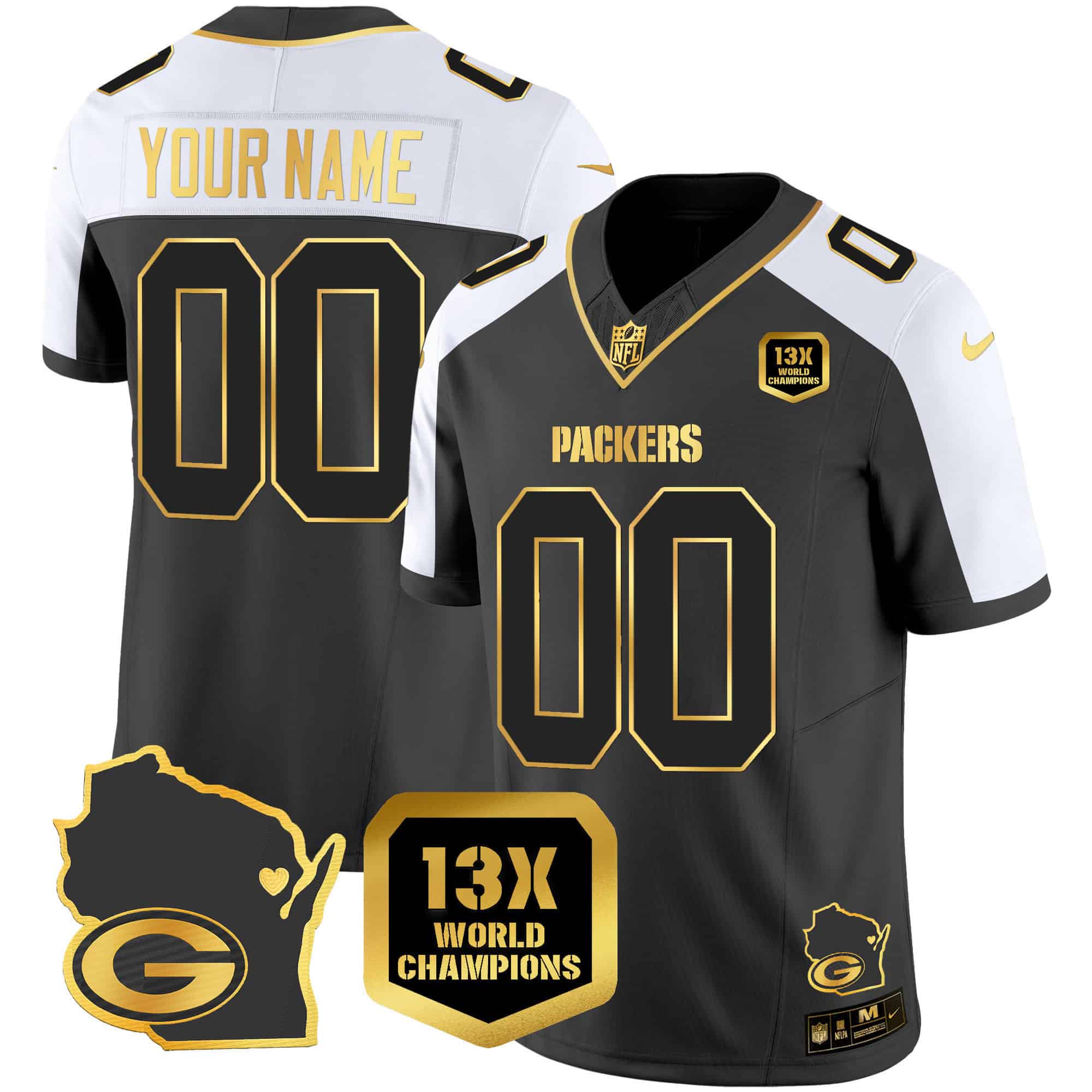 Packers 13 Time World & Home Patch Gold Vapor Jersey V2 – All Stitched