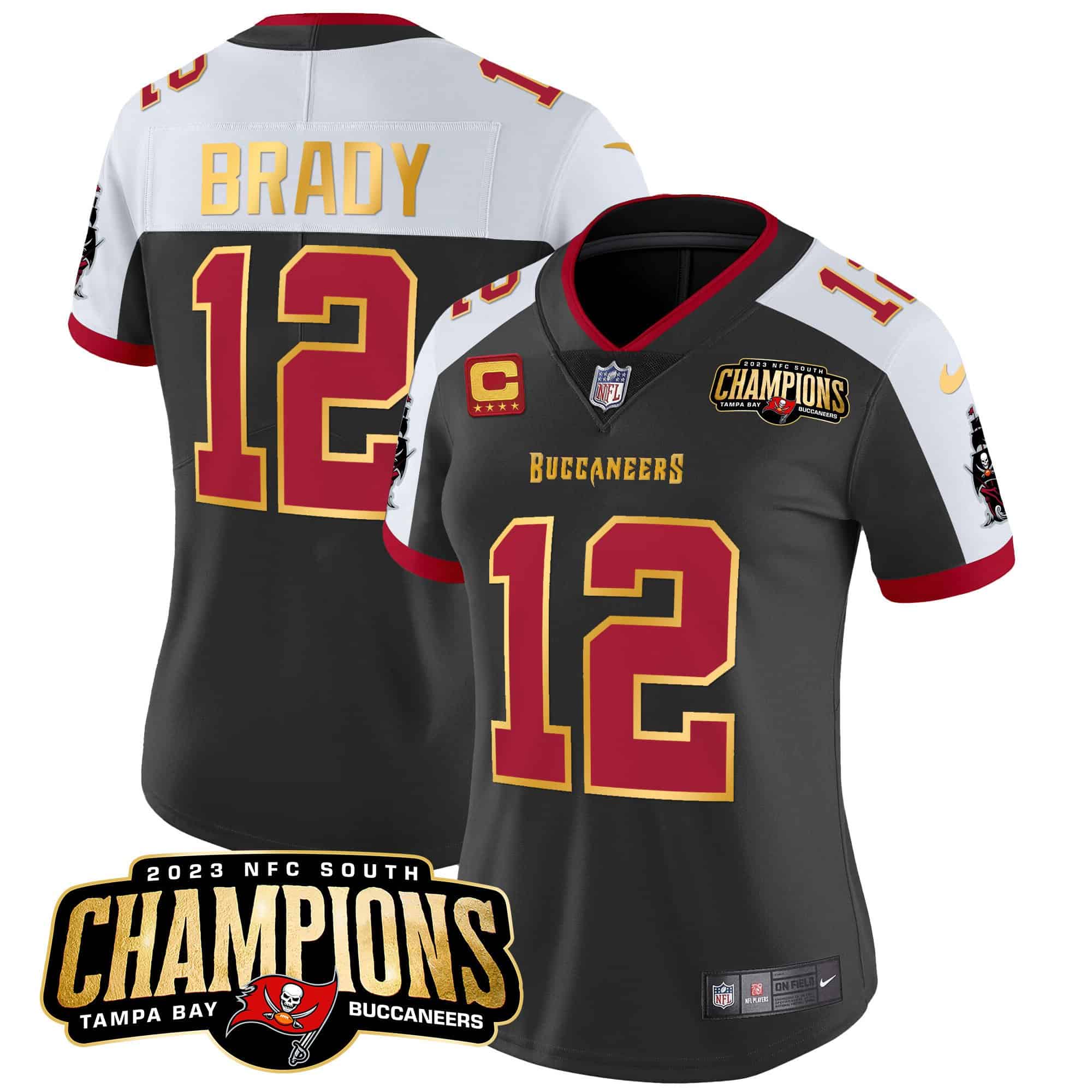 Women’s Buccaneers 2023 NFC South Patch Gold Trim Vapor Jersey – All Stitched