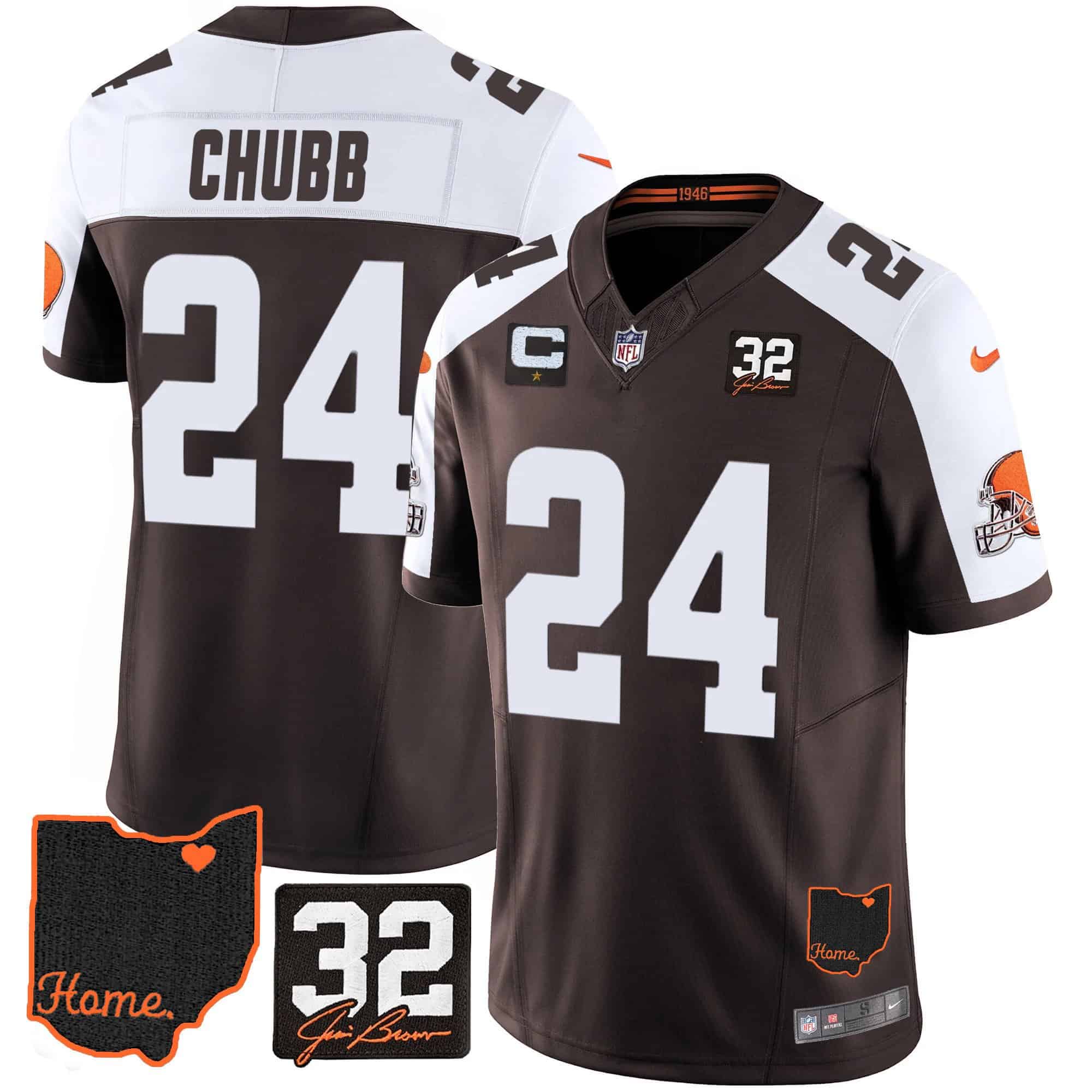 Men’s Browns #32 Jim Brown Memorial & Home Patch Jersey V3 – All Stitched