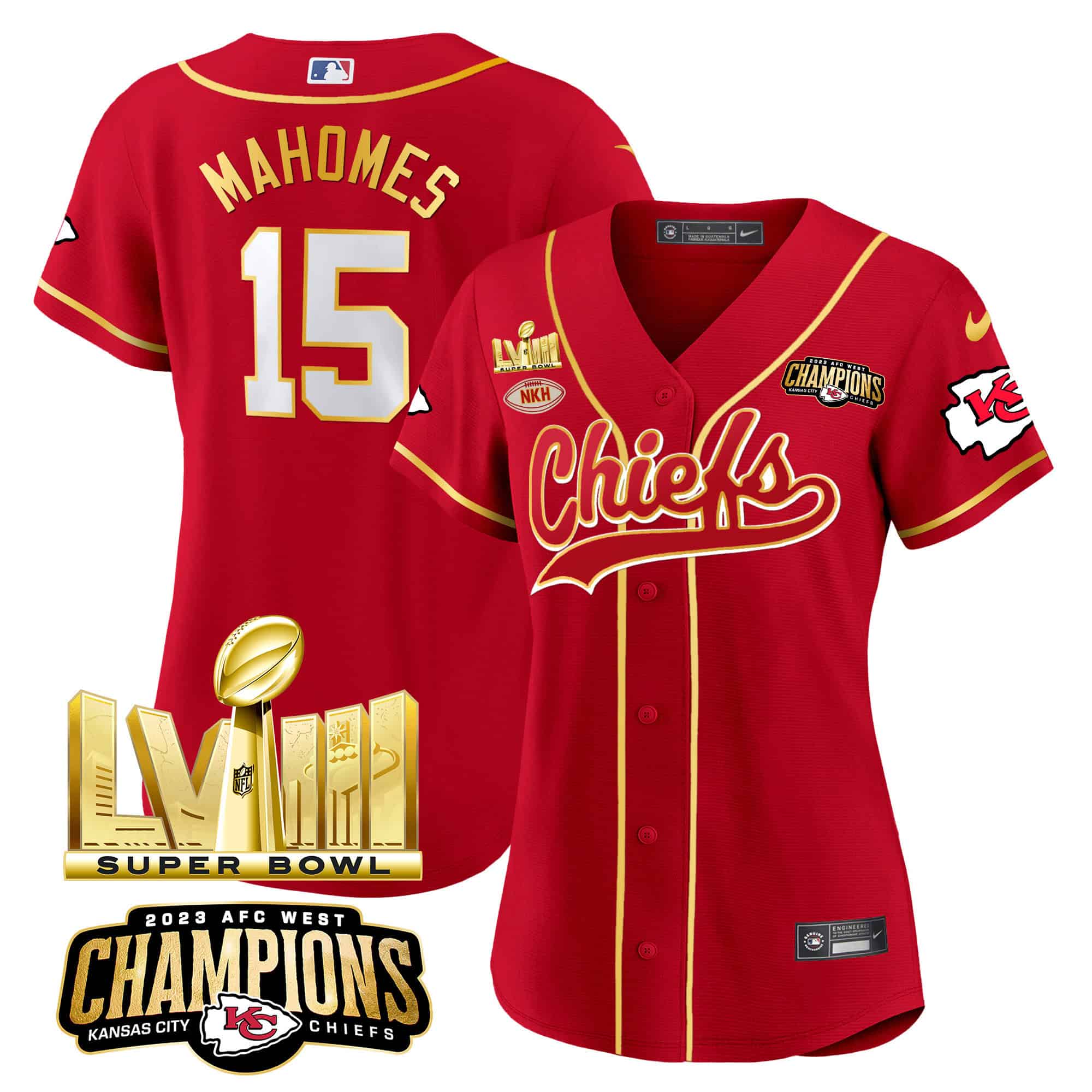 Women’s Chiefs AFC West & Super Bowl LVIII Gold Patch Baseball Jersey – All Stitched
