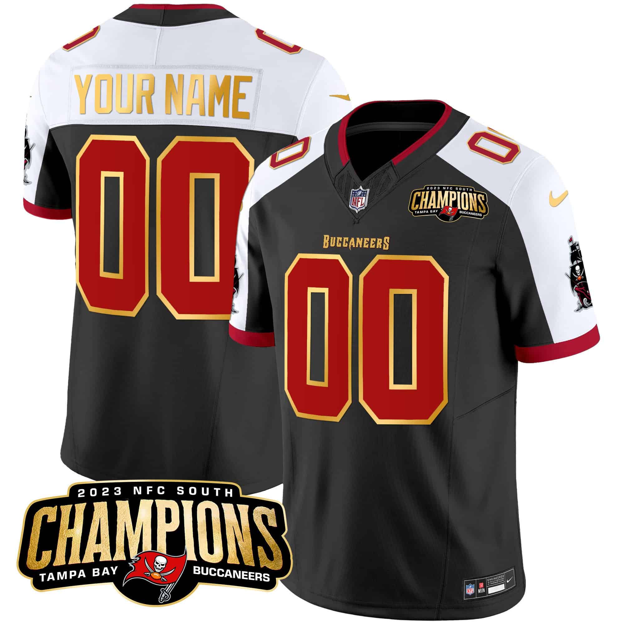 Buccaneers 2023 NFC South Patch Gold Trim Vapor Custom Jersey – All Stitched