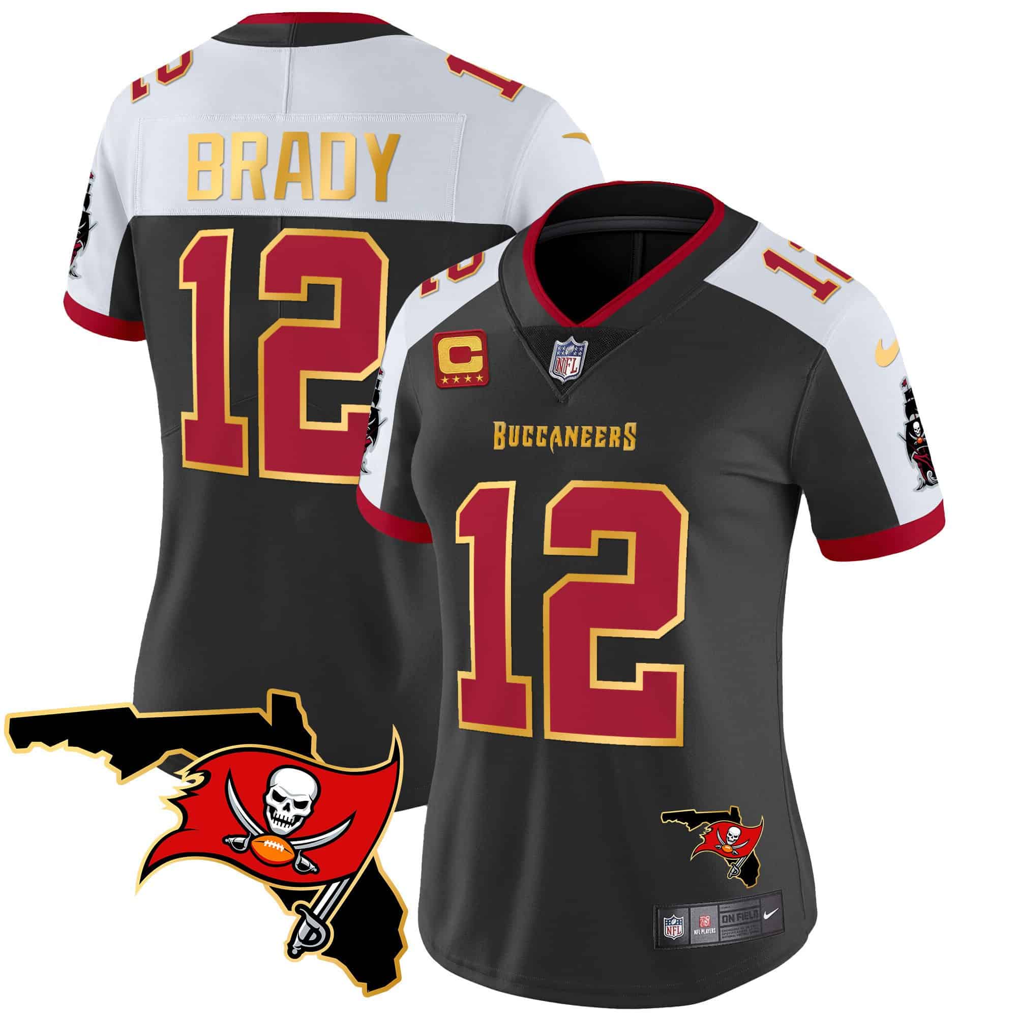 Women’s Buccaneers Florida Patch Gold Trim Vapor Jersey – All Stitched