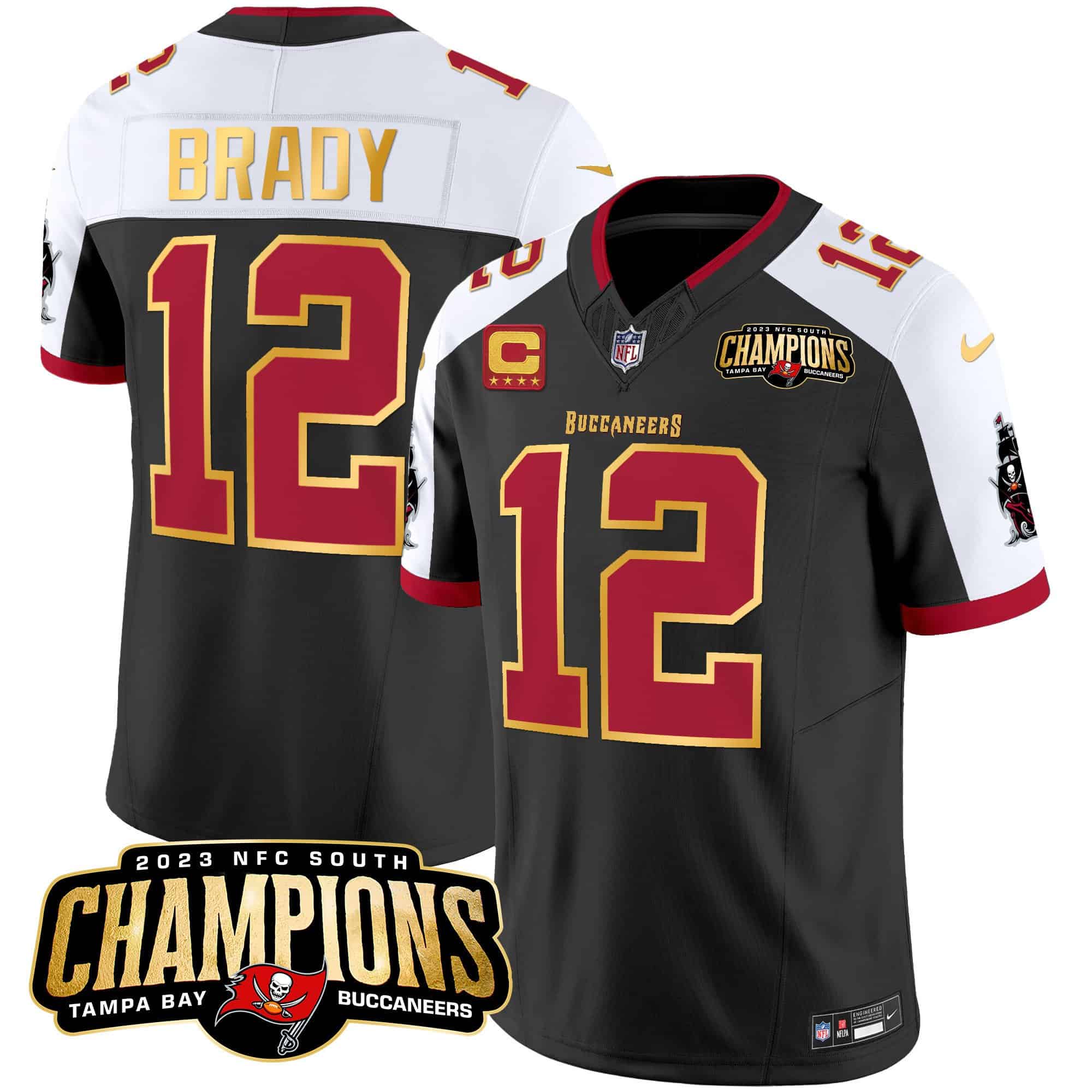 Men’s Buccaneers 2023 NFC South Patch Gold Trim Vapor Jersey – All Stitched