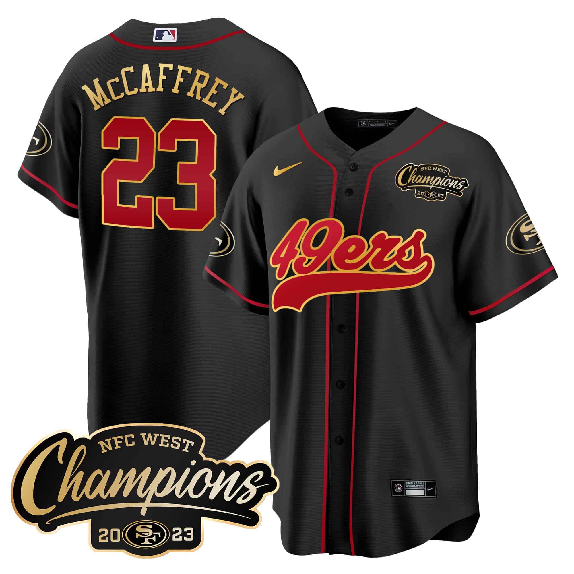 Men’s 49ers 2023 NFC West Baseball Gold Trim Jersey – All Stitched