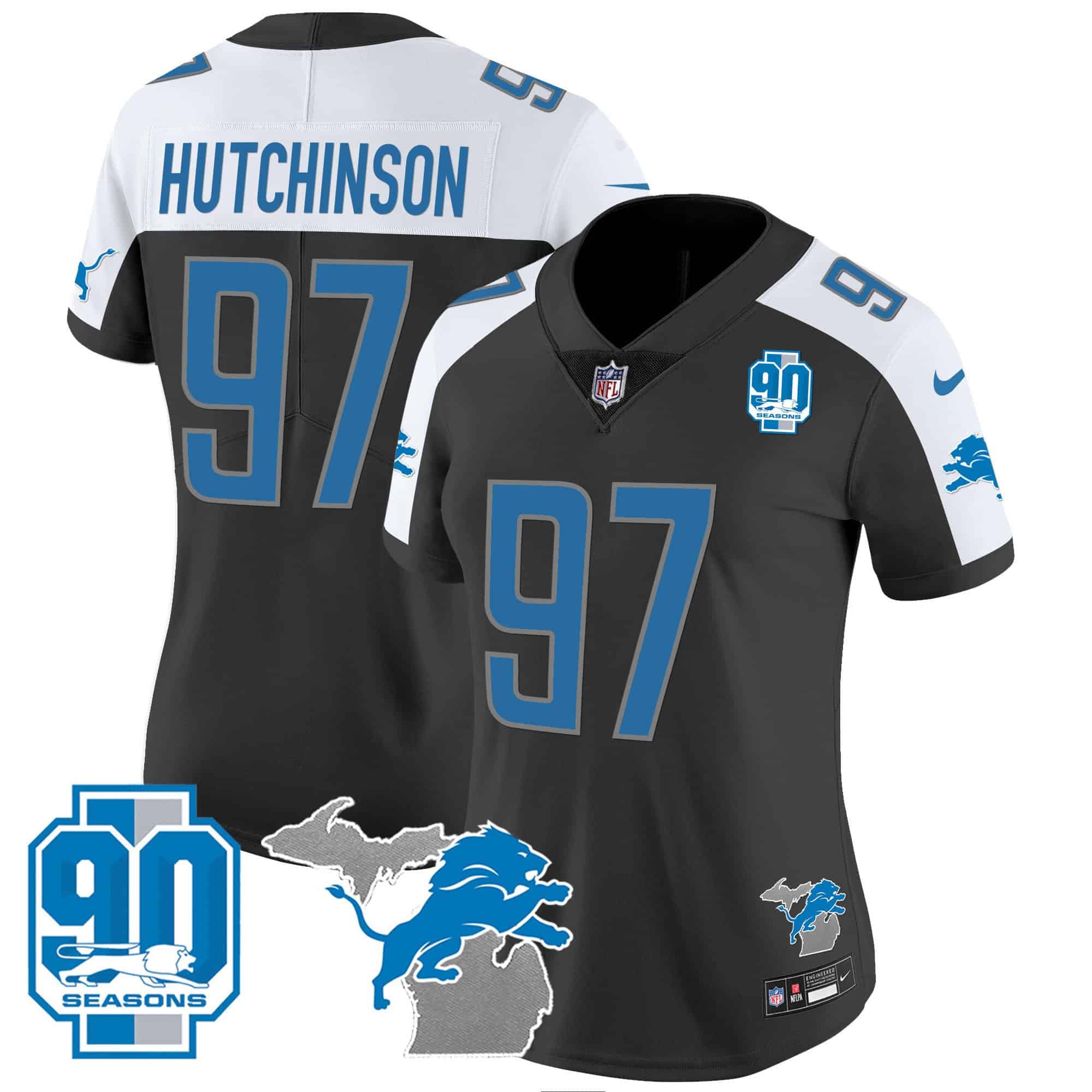 Women’s Detroit Lions 90th Year & Michigan Patch Vapor Jersey – All Stitched