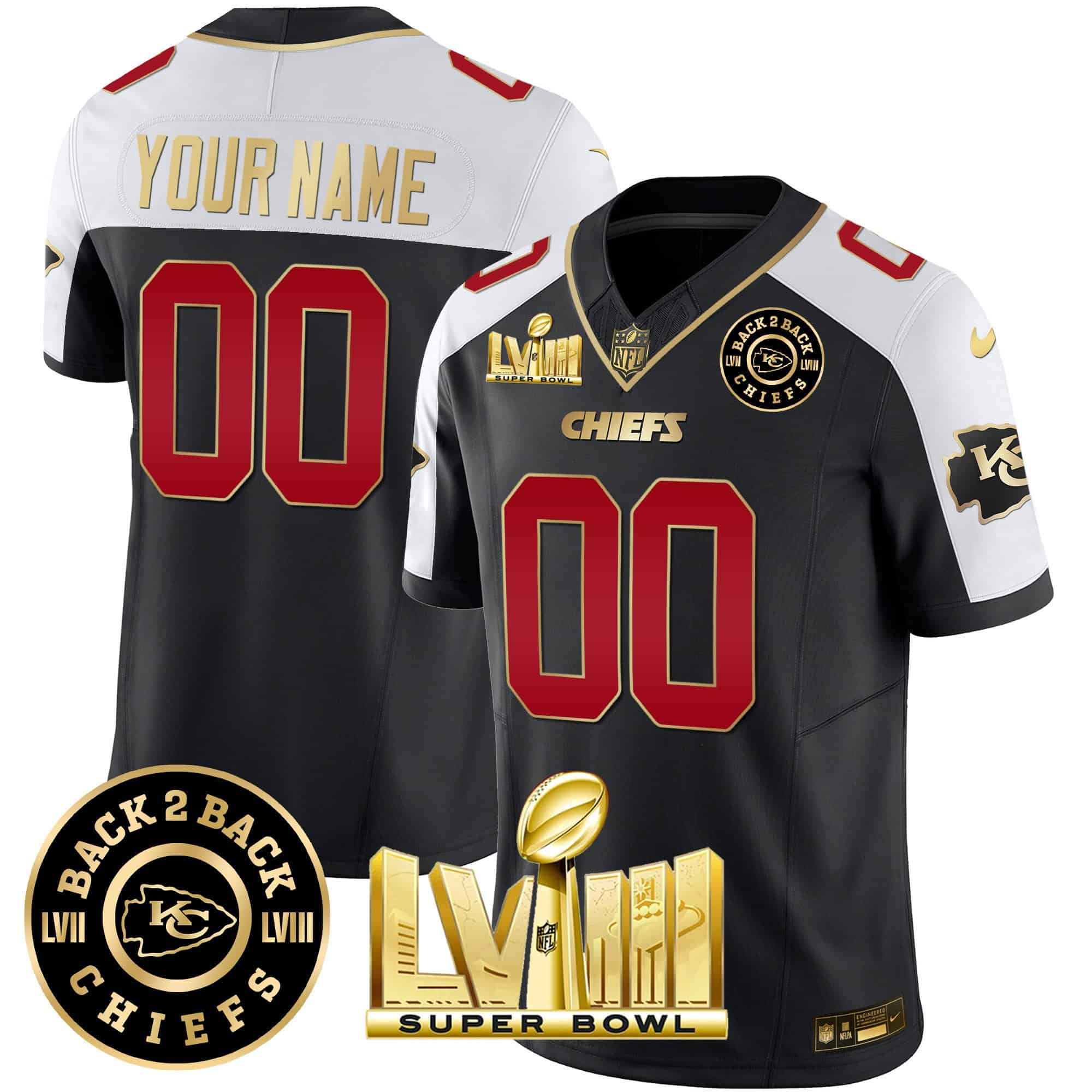 Chiefs Super Bowl LVIII & Back 2 Back Gold Patch Vapor Custom Jersey V3 – All Stitched