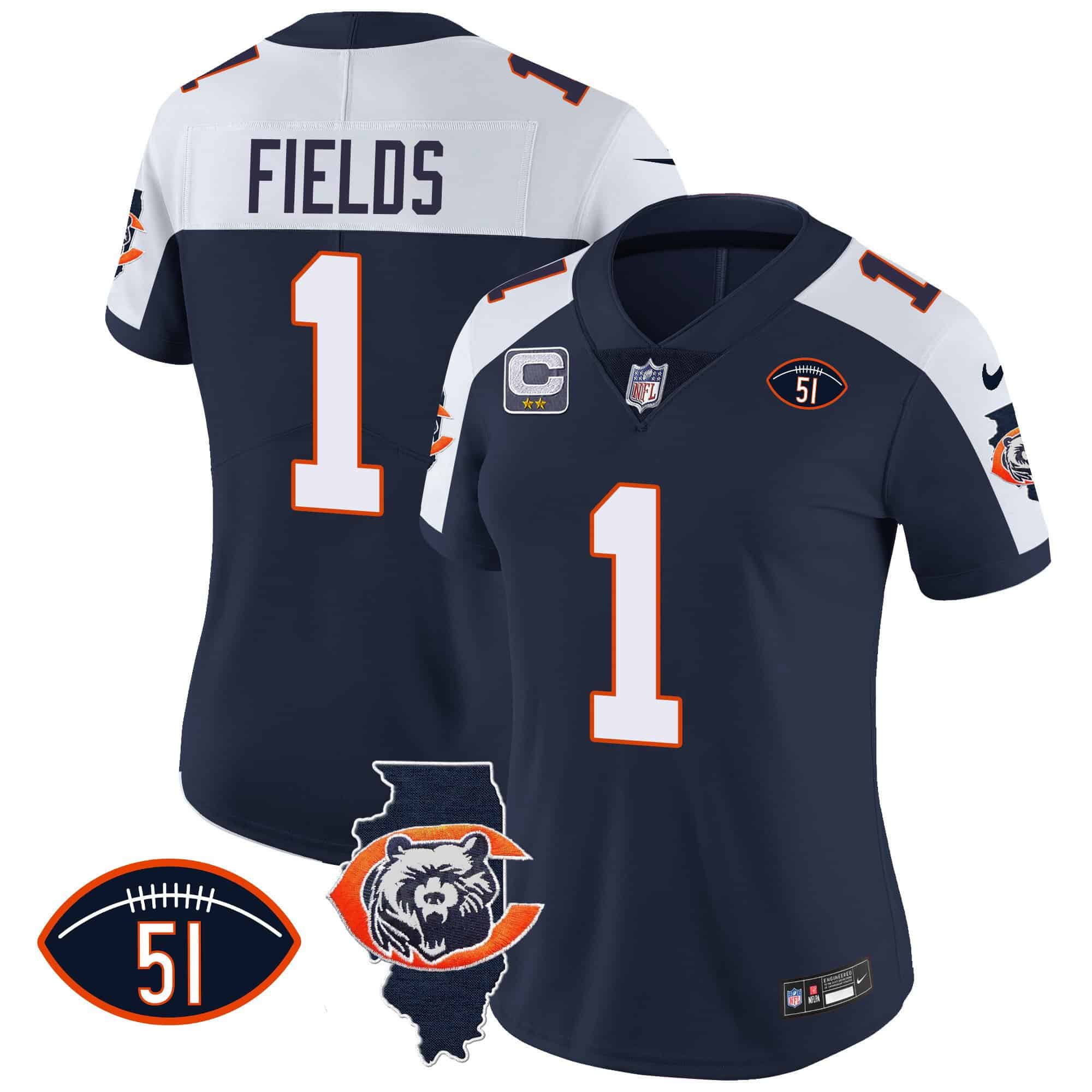Women’s Bears Throwback Illinois Patch Vapor Jersey – All Stitched