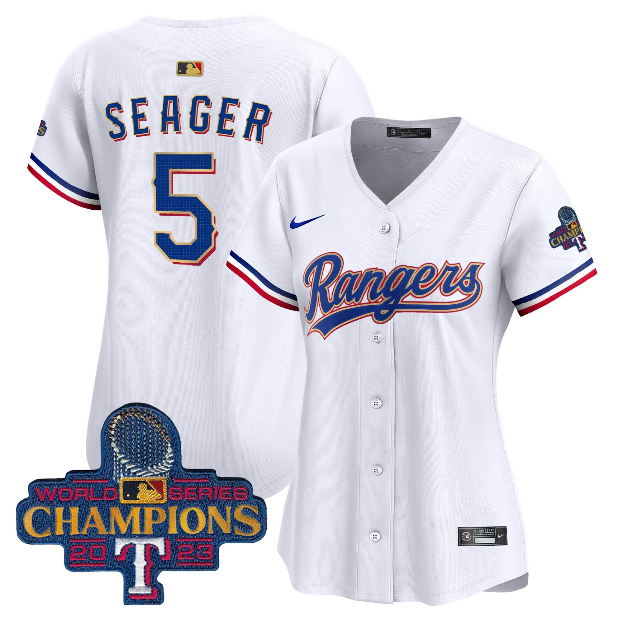 Women’s Texas Rangers 2023 World Series Gold Trim Vapor Premier Limited Jersey – All Stitched